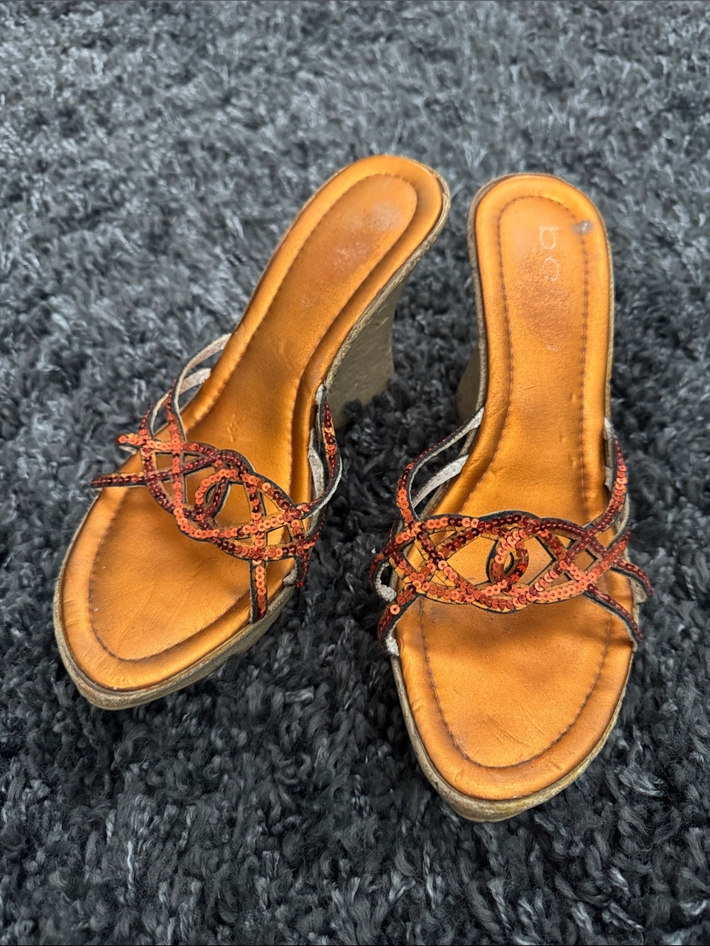 Vintage Bebe Sweetie Wedge Orange Sequins-Size 6.5
